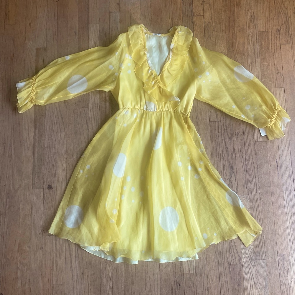 Vintage 60s dress mod sheer polka dot overlay yelllow M?